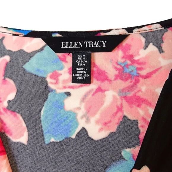 ELLEN TRACY Women’s Black Floral Drape Neck Blouse Top M Bow Detail, Stretch - Picture 6 of 9